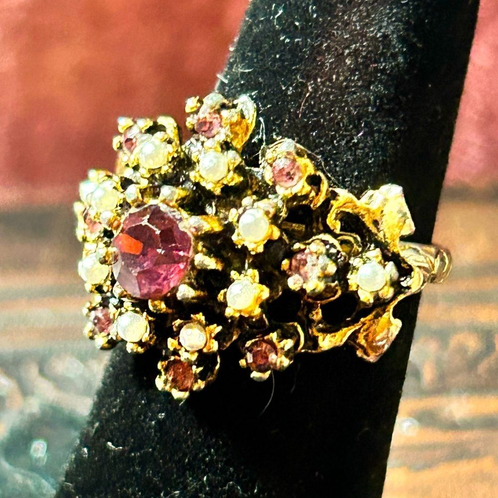 Vintage Ornate Rhinestone Faux Pearl Costume Jewelry Ring
